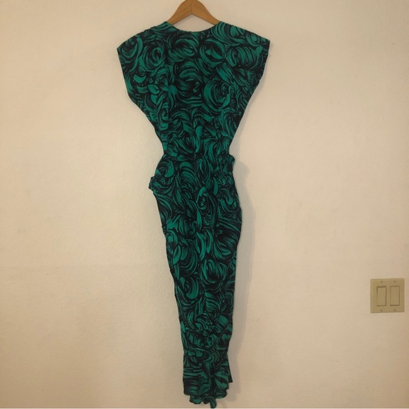 Vintage 80s Sterling Silver Rose Print V-Neck Formal Dress w/ Shoulder Pads - Picture 7 of 16